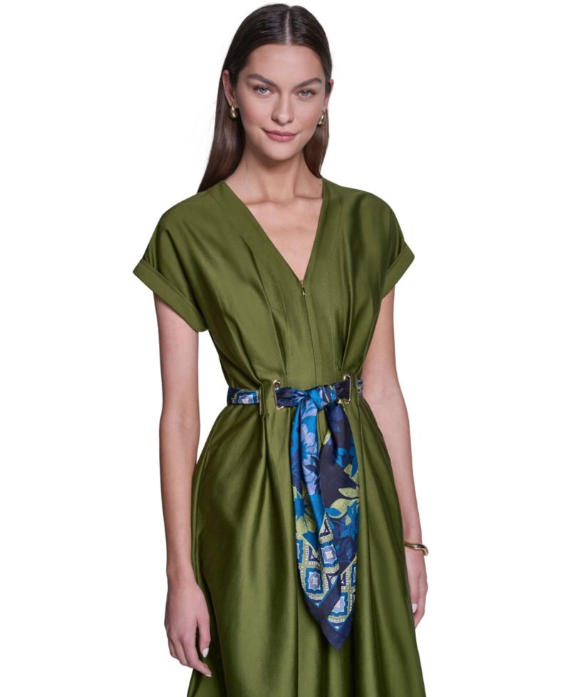 Women's Scarf-Belt V-Neck A-Line Midi Shirt Dress