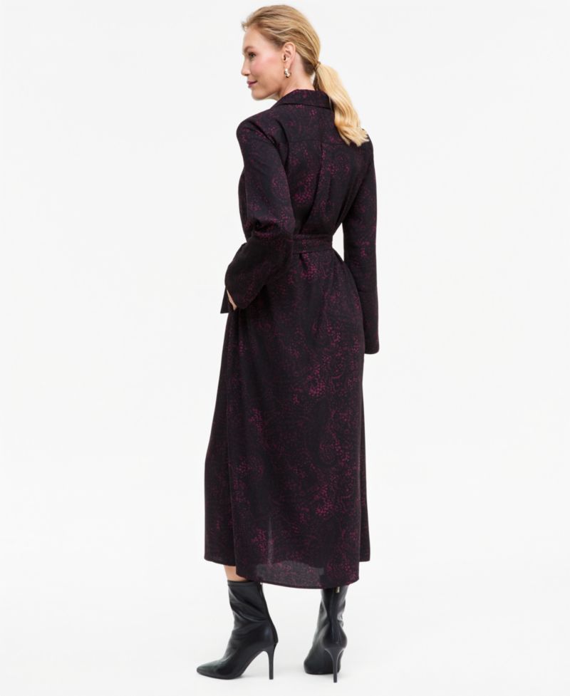 Women's Long-Sleeve Printed Belted Shirt Dress