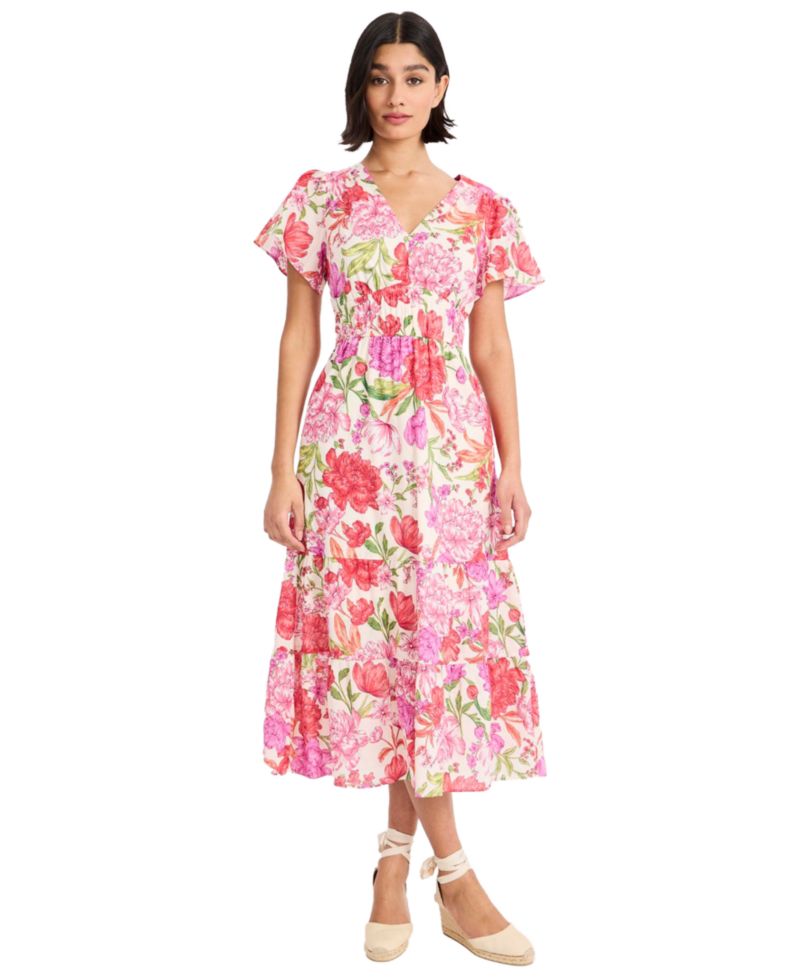 Women's Puff-Sleeve V-Neck Midi Dress