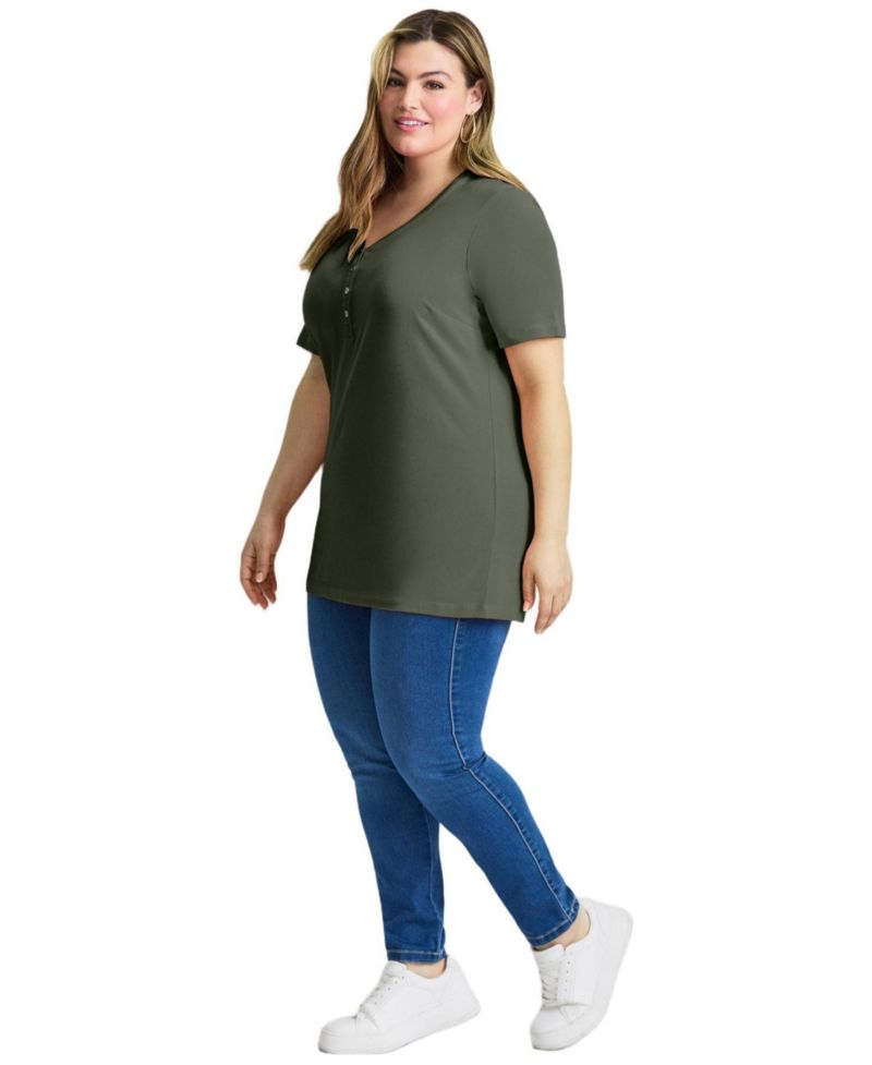 Women's Plus Size Short Sleeve Henley Tunic Top