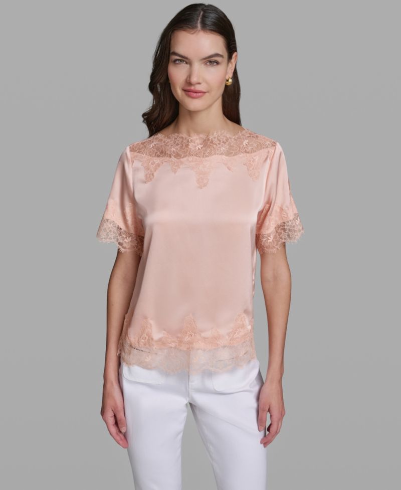 Women's Short-Sleeve Lace Trim Blouse