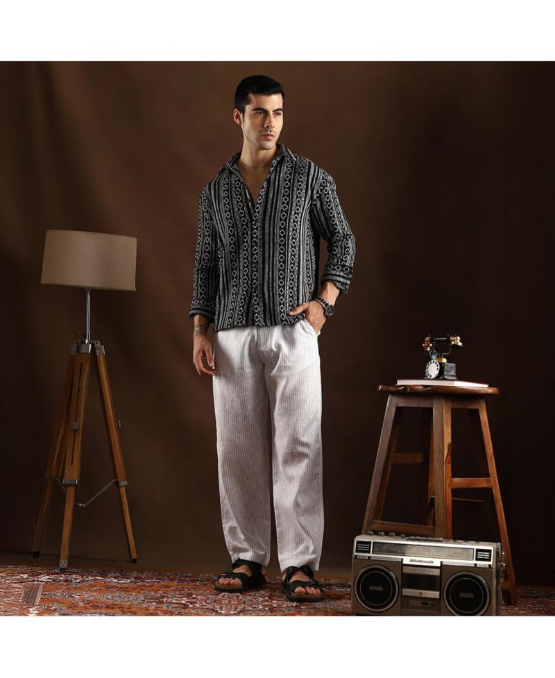 Men's Onyx Black Folk-Weave Shirt