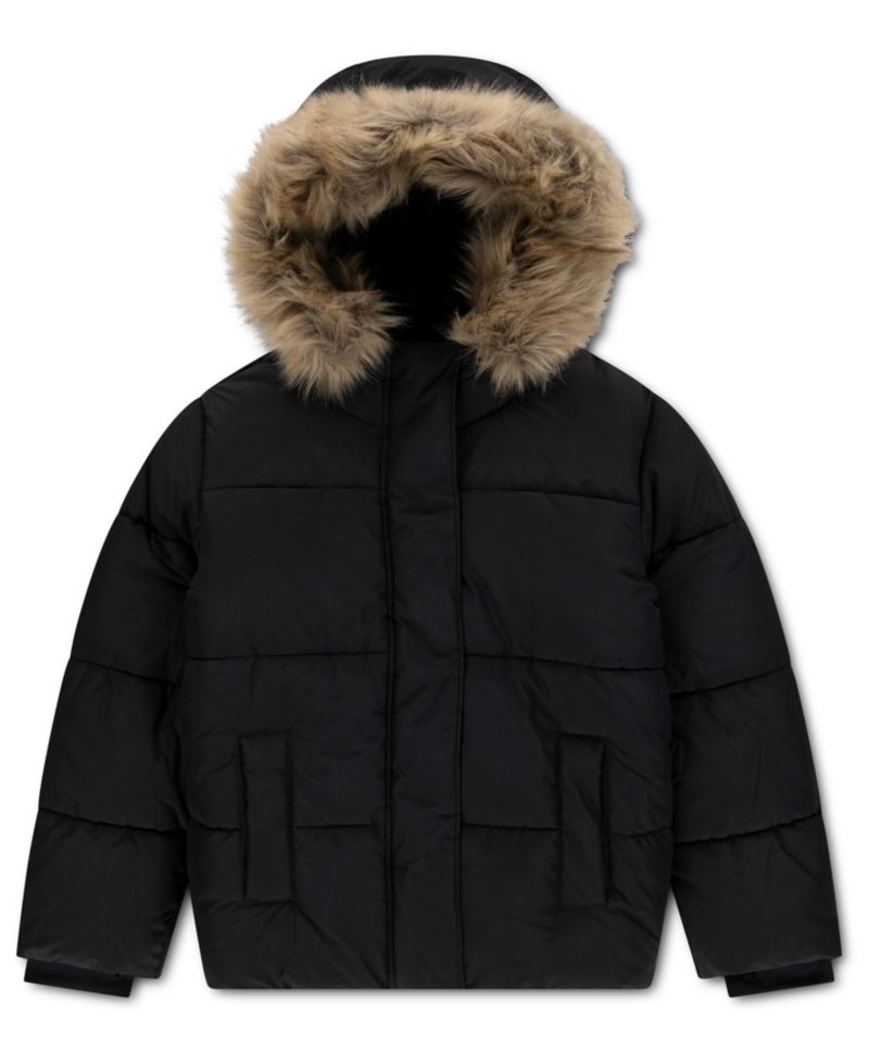 Girls' 4-16 Ultra Hooded Faux Fur-Trim Puffer Jacket