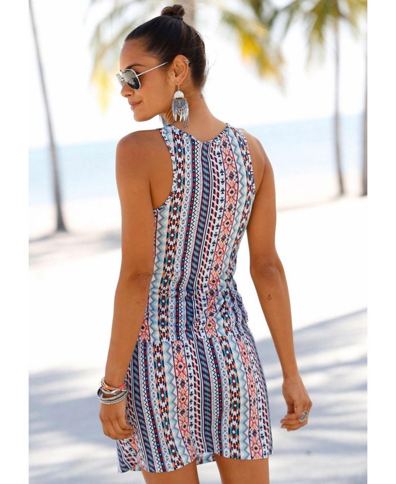 Women's Viscose Printed Drawstring Waist Racerback Short Dress