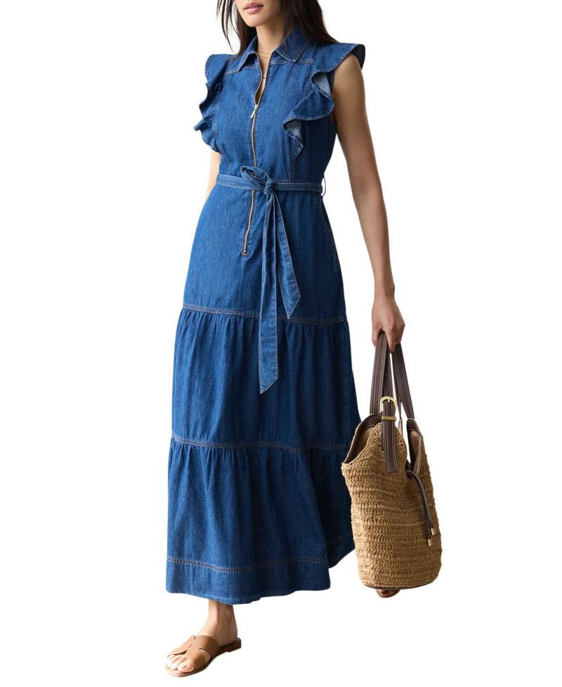 Women's Denim Ruffle Maxi Shirt Dress