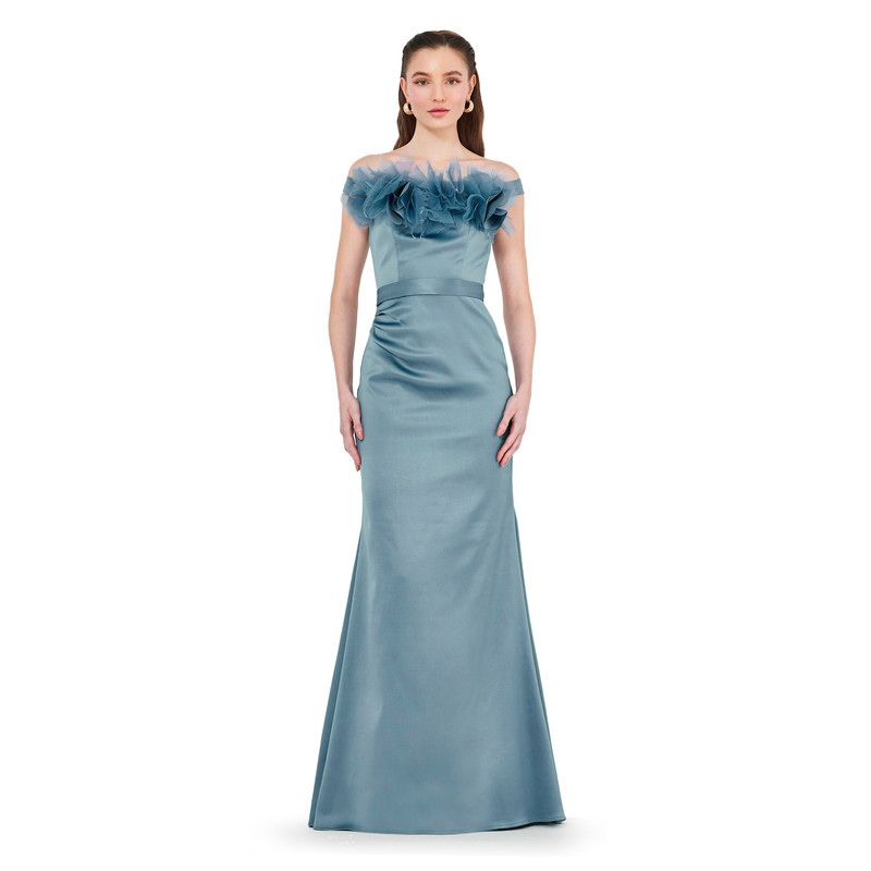 Women's Organza Floral Detail Pleated Satin Gown