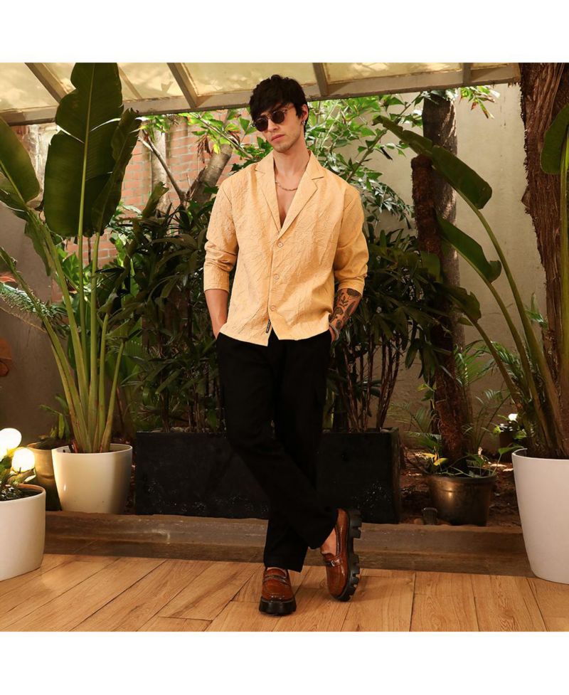 Men's Buff Beige Wrinkled Korean Oversized Shirt