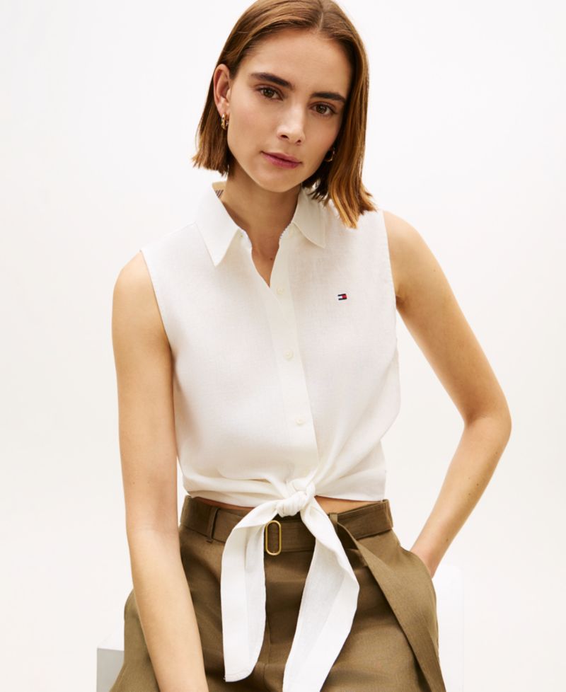 Women's Linen Knotted Collared Top