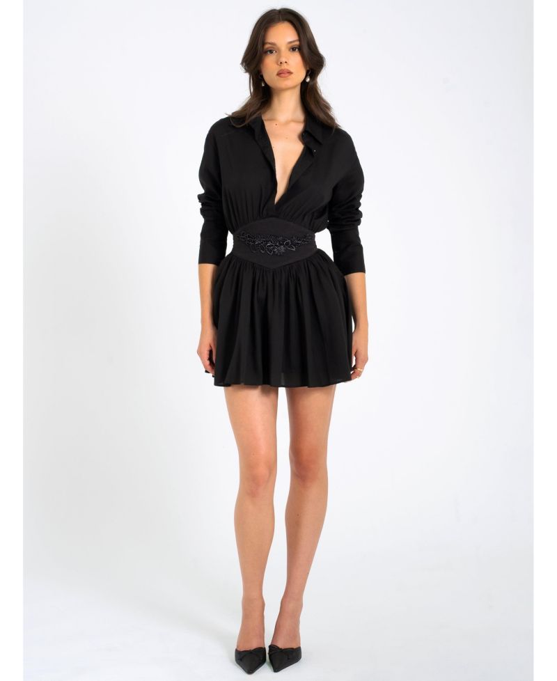 Women's Jamila Black Shirt Mini Dress with Embroidered Waist Detail