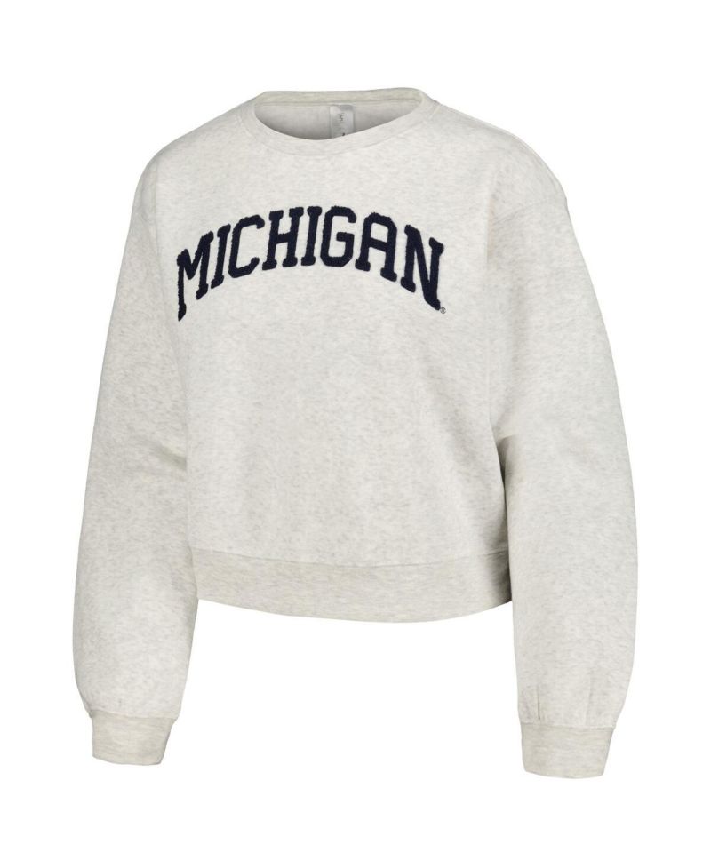 Women's Oatmeal Michigan Wolverines Core Chenille Cropped Pullover Sweatshirt