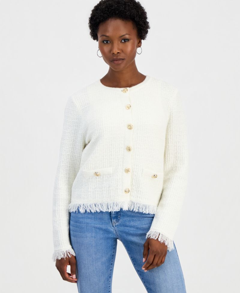 Petite Frayed Button Down Textured Cardigan