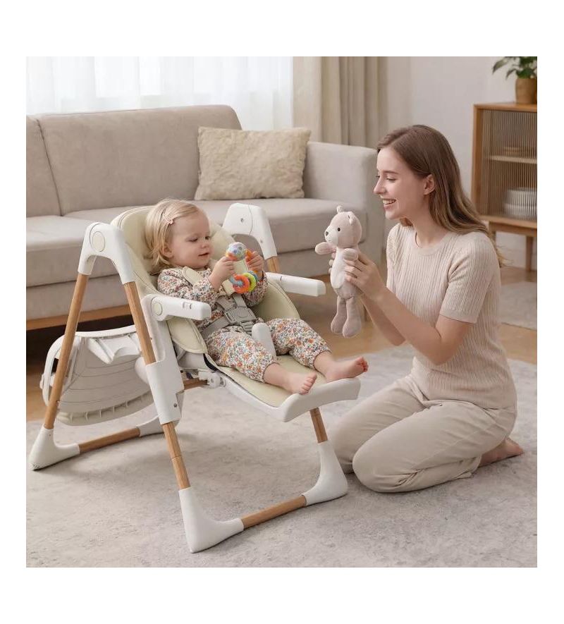 BabyKinder King Convertible Baby High Chair with Wood Grain Removable Double Tray and Easy Clean Design