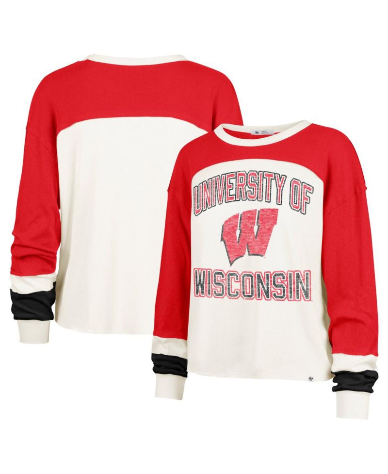 Women's Cream Wisconsin Badgers Double Header Curve Raglan Long Sleeve T-Shirt