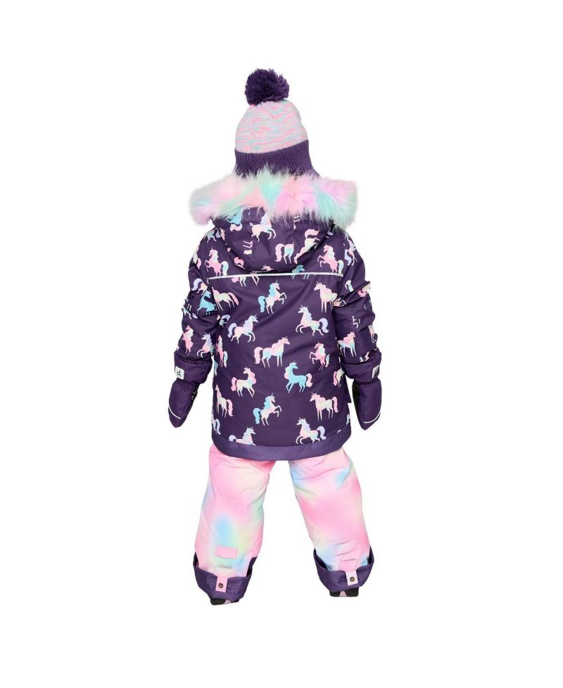 Little and Big Girl 6- 14 Two Piece Play Snowsuit Purple Unicorn Print with Multicolored Pants