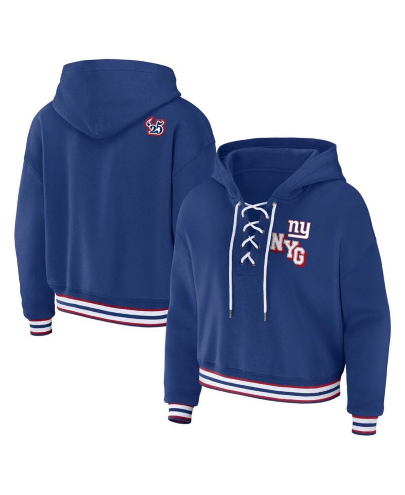 Women's Royal New York Giants Plus Size Lace-Up Pullover Hoodie