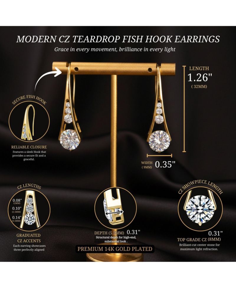 Modern 14K Gold Plated CZ Teardrop Fish Hook Earrings