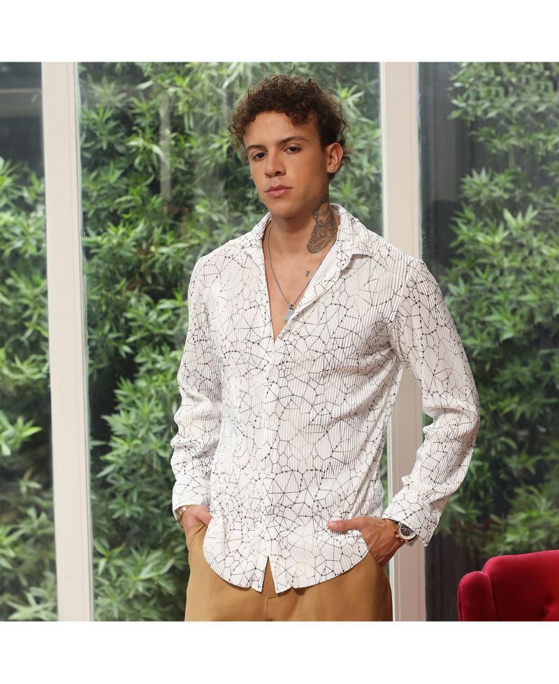 Men's Chalk White Veined-Pleated Shirt