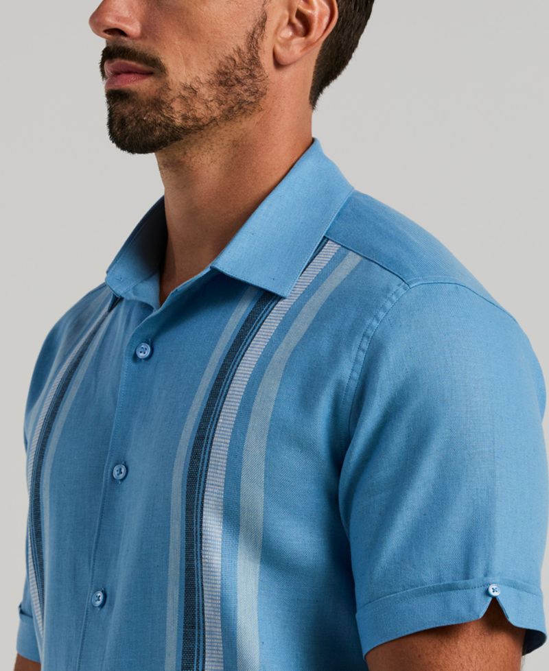 Men's Vertical Panel Dobby Linen-Blend Short-Sleeve Button-Down Shirt