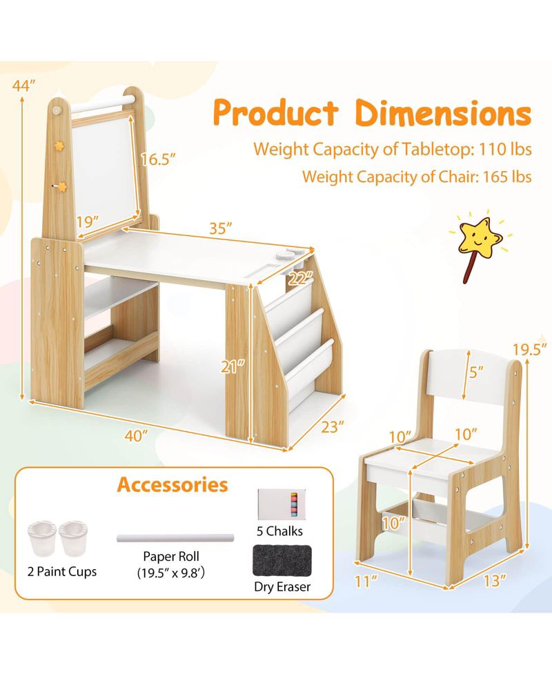 Kids Art Table and Chair Set with Easel Whiteboard Chalkboard Paper