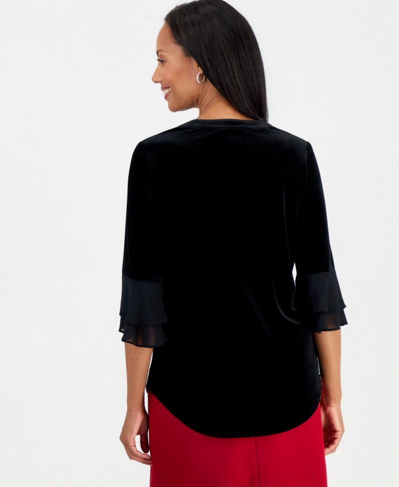 Women's 3/4-Flutter Split-Neck Velvet Blouse