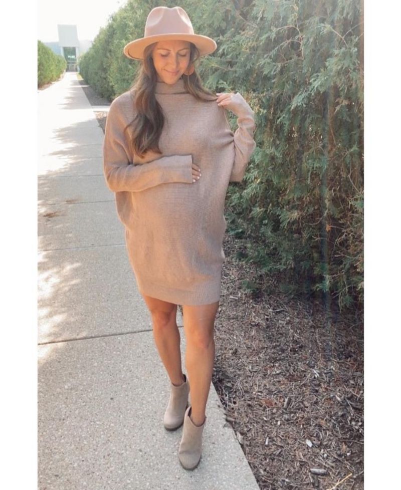 Women's Taupe Funnel Neck Dolman Sleeve Mini Dress