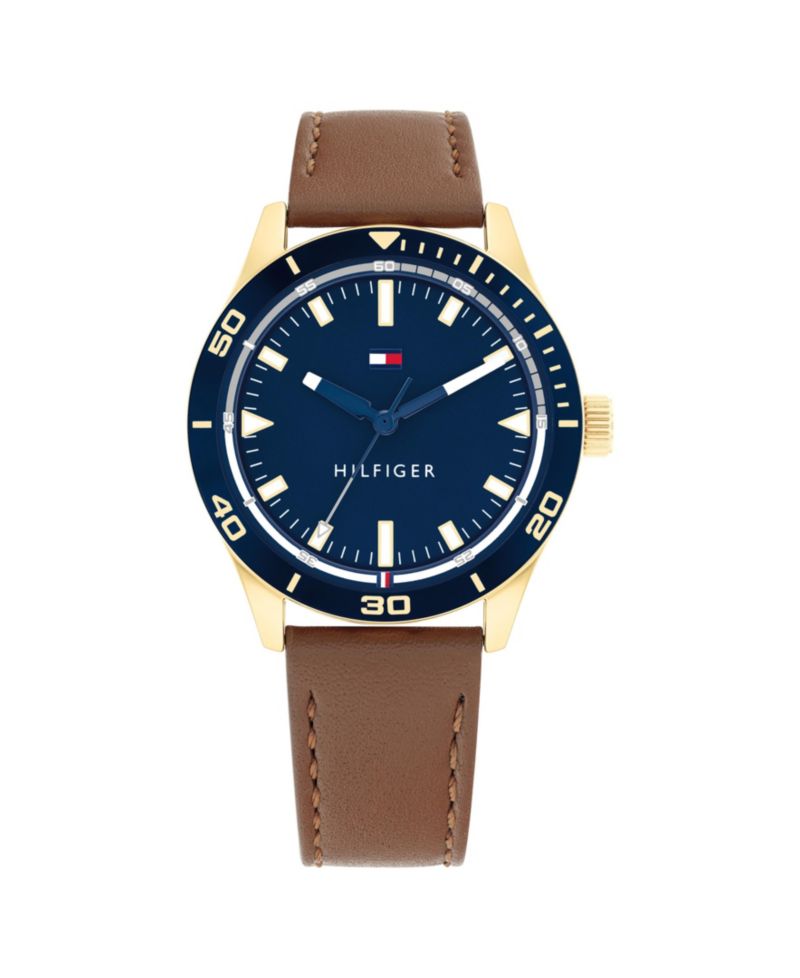 Men's Quartz Brown Leather Strap Watch 44mm