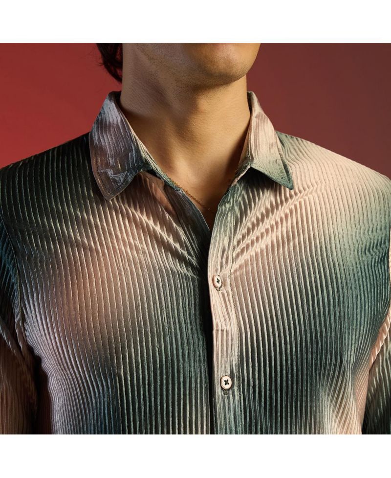 Men's Emerald Green & Ivory White Ombre-Pleated Shirt
