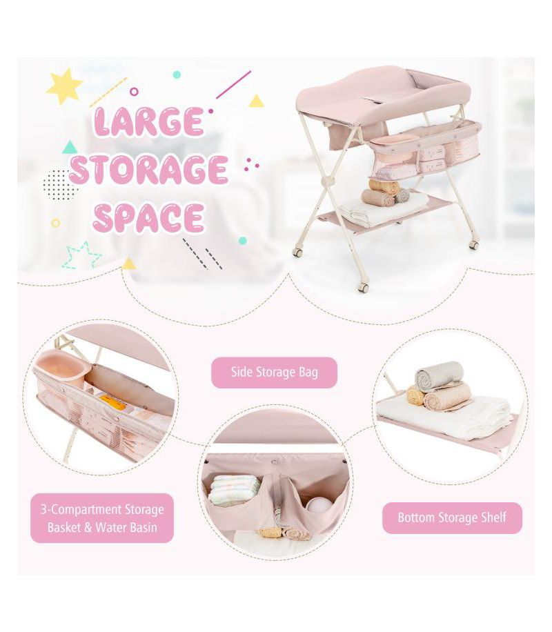 Portable Baby Changing Table with Water Basin and Rolling Wheels for Nursery
