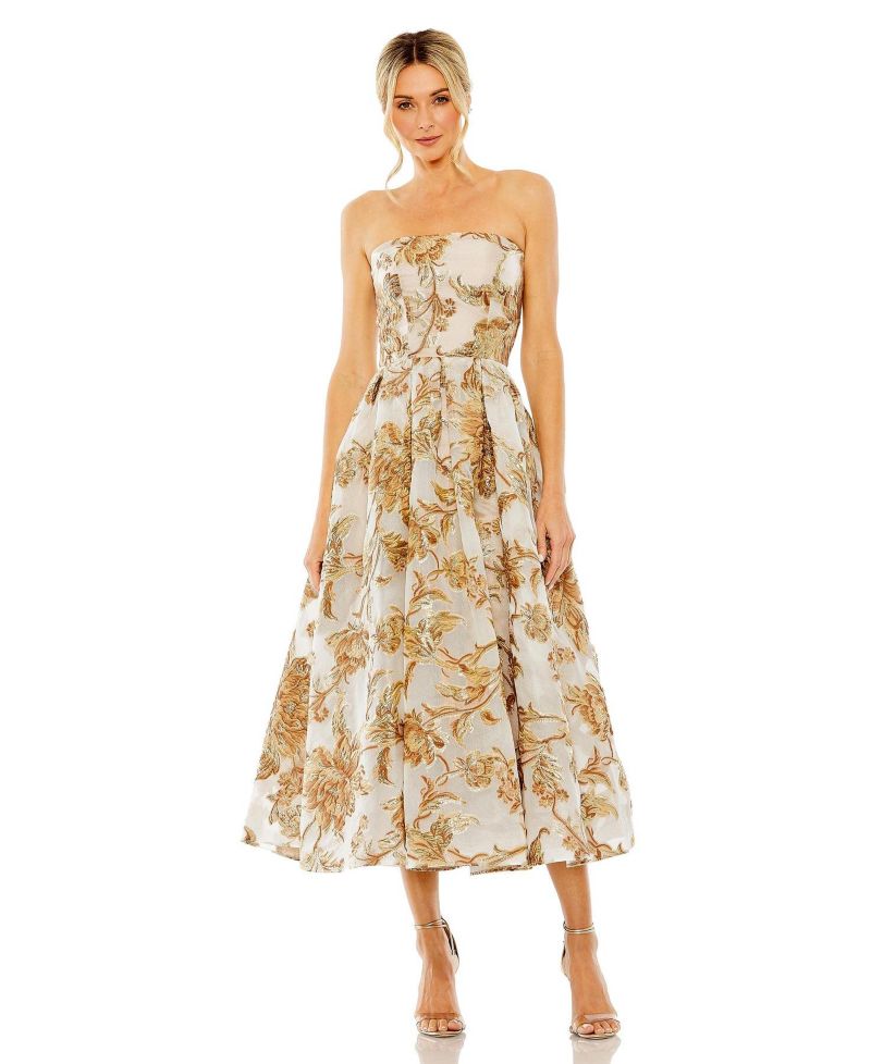 Women's Strapless Brocade Midi Dress With Pockets