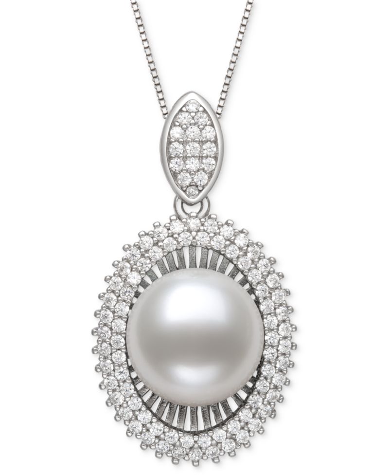 Peacock Black Cultured Freshwater Pearl & Cubic Zirconia 18" Pendant Necklace in Sterling Silver (Also in White Pearl)