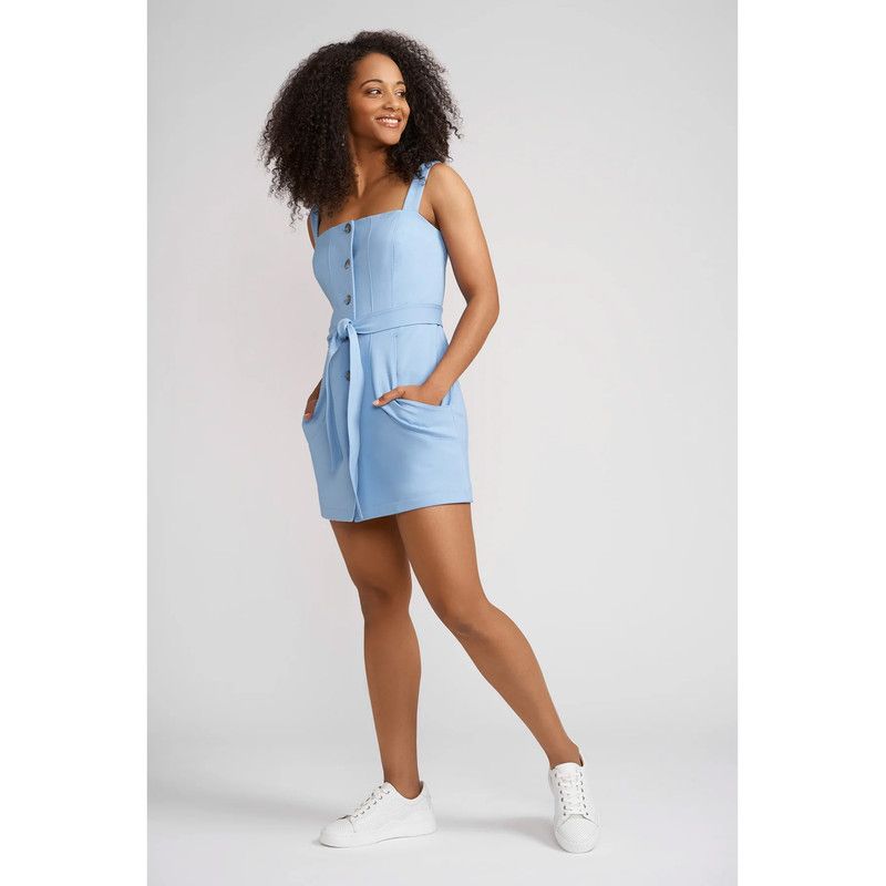 Women's Taylor Button Front Ponte Mini Dress with Large Front Pockets and Optional Belt
