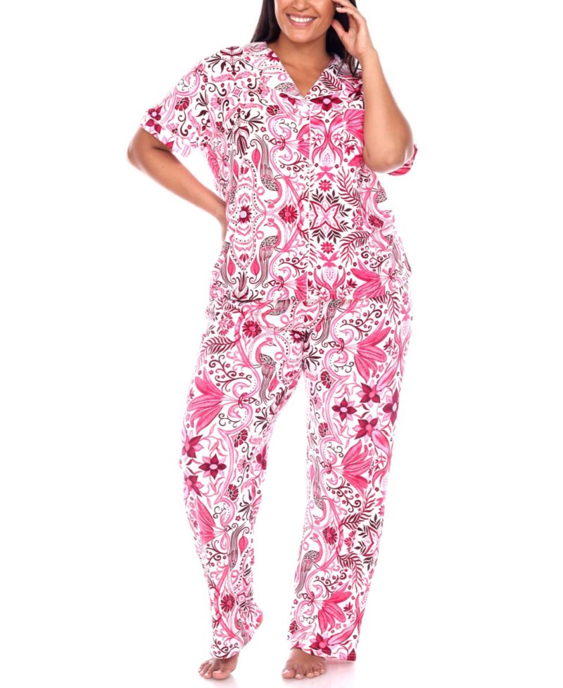 Plus Size Short Sleeve Pants Tropical Pajama Set, 2-Piece