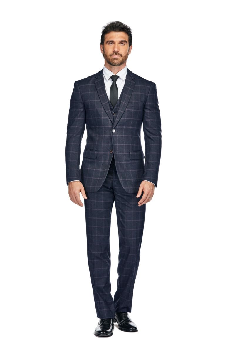 Men's 3-Piece Windowpane Plaid Slim Fit Suit