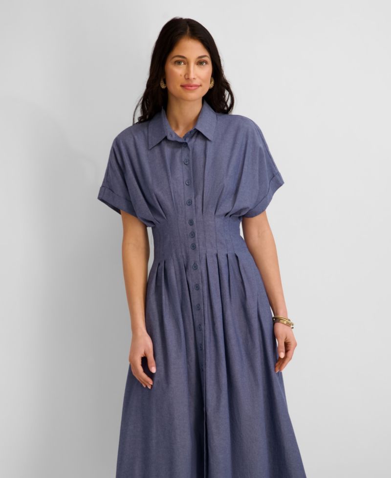 Women's Button-Front Short-Sleeve Midi Shirt-Dress