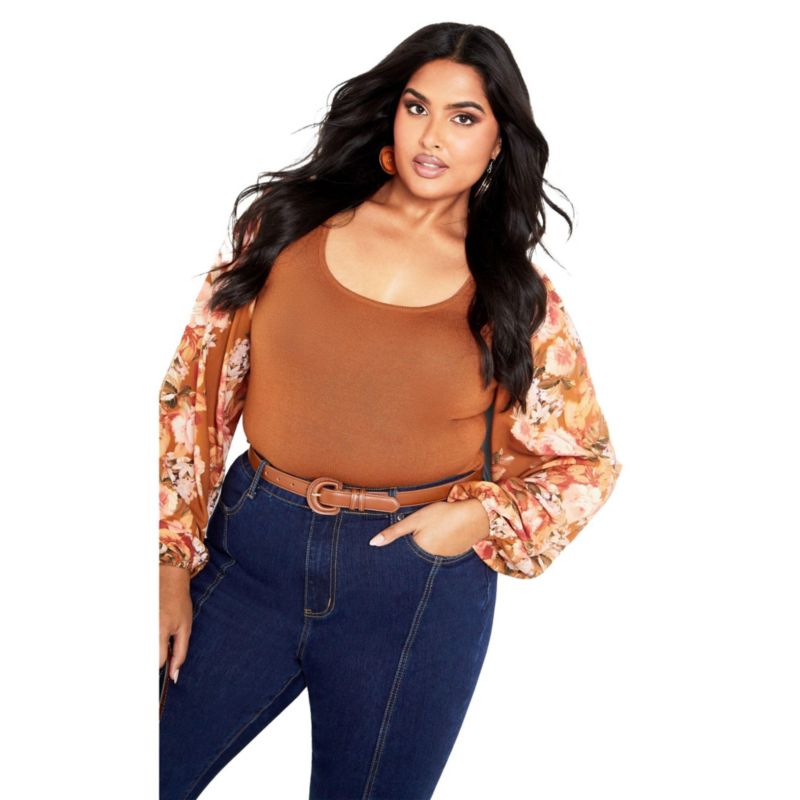 Women's Plus Size May Contrast Floral Sleeve Sweater