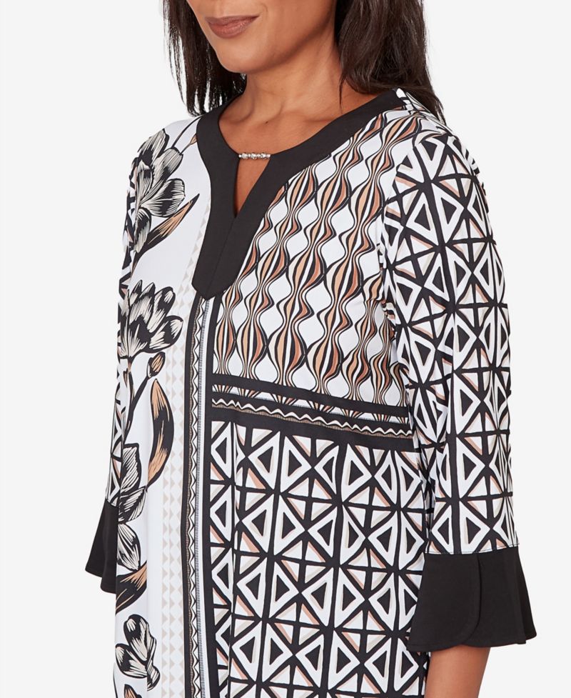 Women's Classic Floral Geo Patchwork Split Neck Top