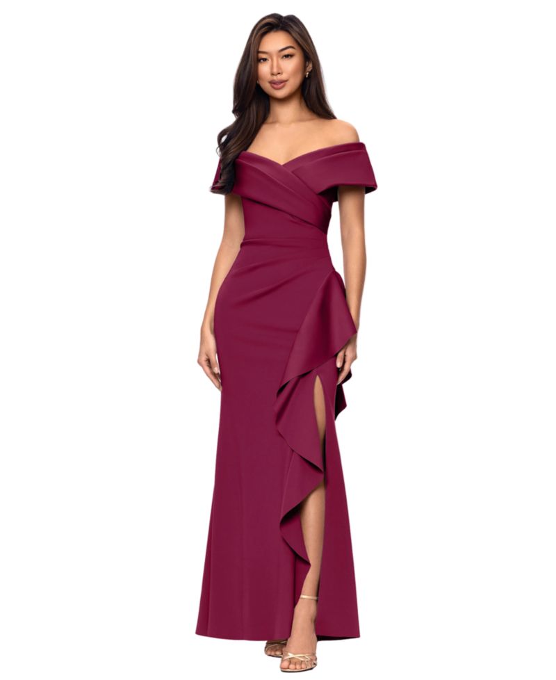 Petite Sweetheart Neck Side Ruffle Off-The-Shoulder Long Dress