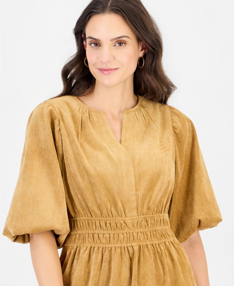 Women's Corduroy Smocked-Waist Tiered Dress