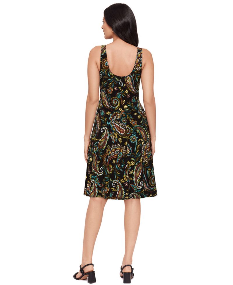Women's Paisley Print Jewel Neck Midi Shaping Dress