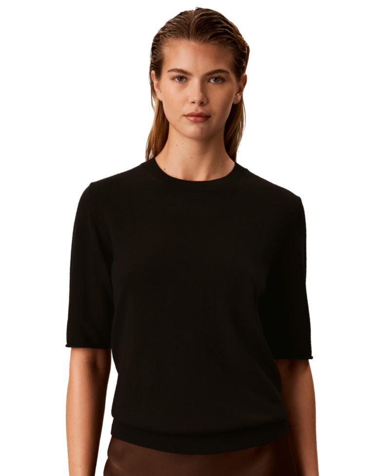 Petite Roll-Tab Short-Sleeve Crewneck Sweater