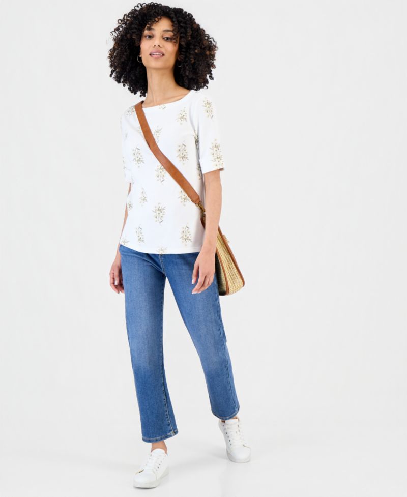 Petite Floral Knit Elbow-Sleeve Top