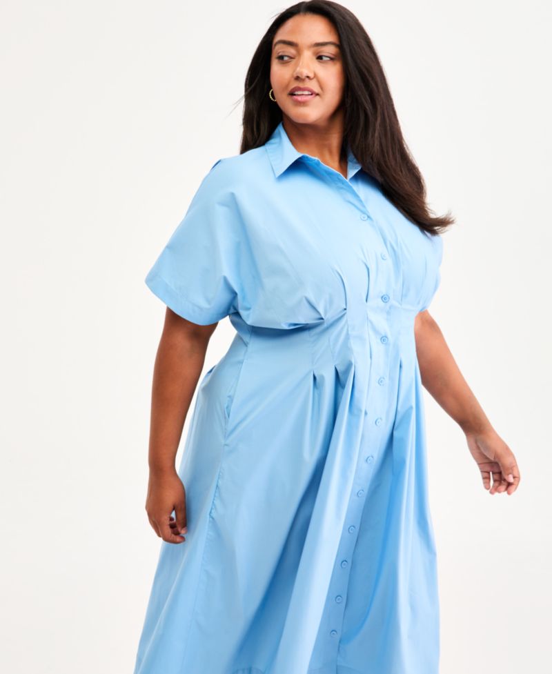 Trendy Plus Size Pinstriped Pleated-Waist Midi Shirtdress