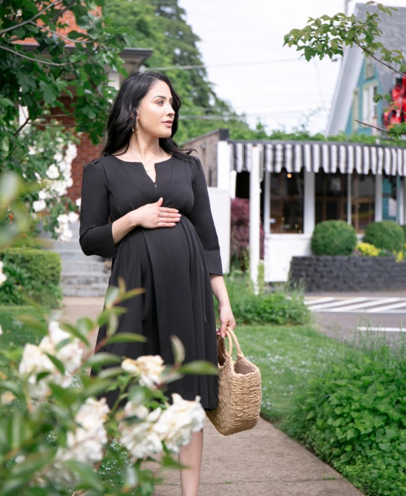 Maternity Empire Waist Nursing Midi Tea Dress in TENCEL