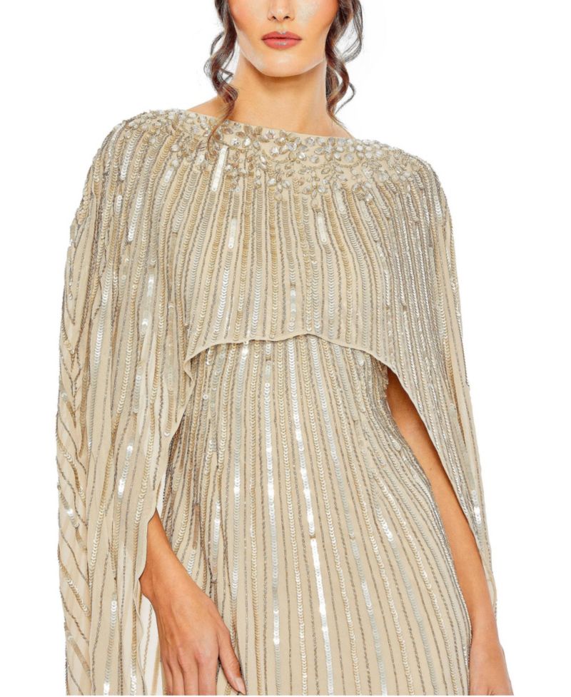 Women's Embellished Beaded Column Cape Gown