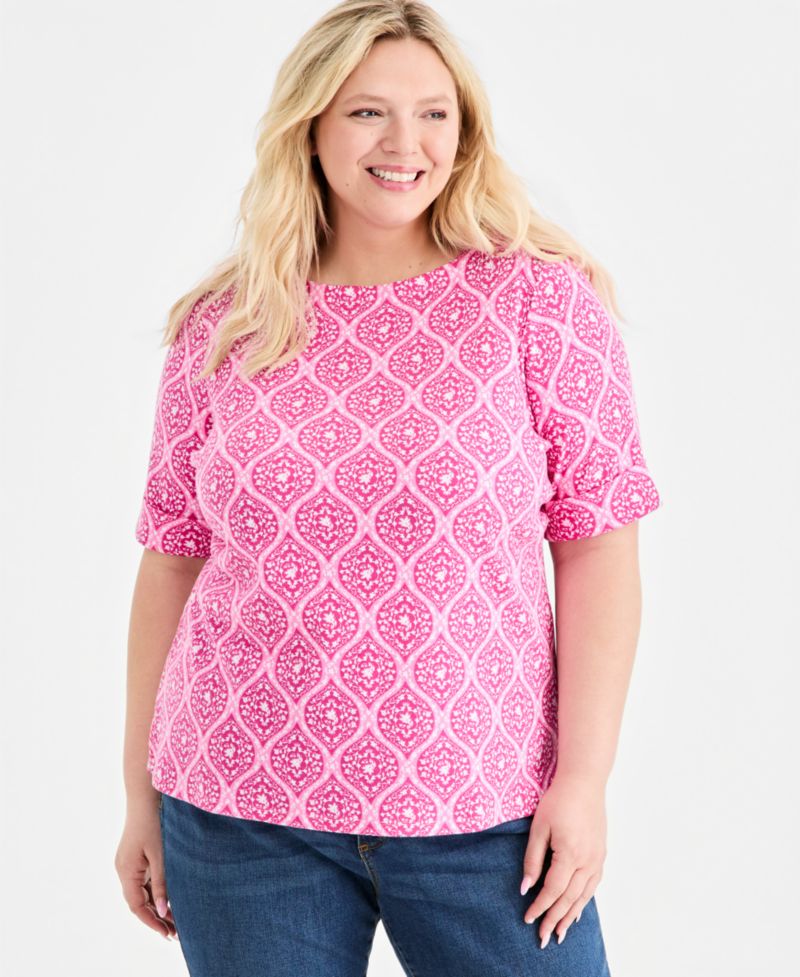 Petite Printed Boat-Neck Elbow-Sleeve Top