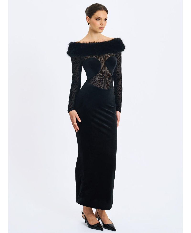 Women's Alexis Black Animal Print Faux Fur Boatneck Maxi Dress