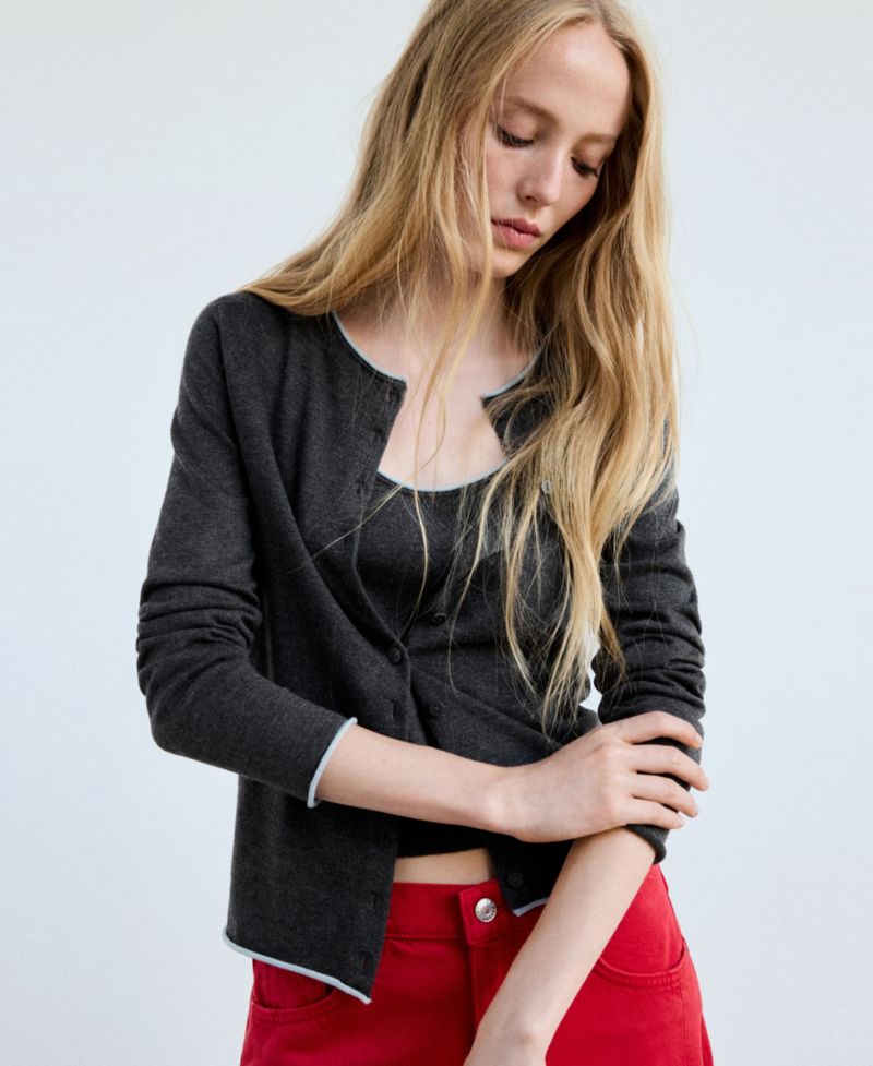 Women's Contrast-Trim Crewneck Cardigan