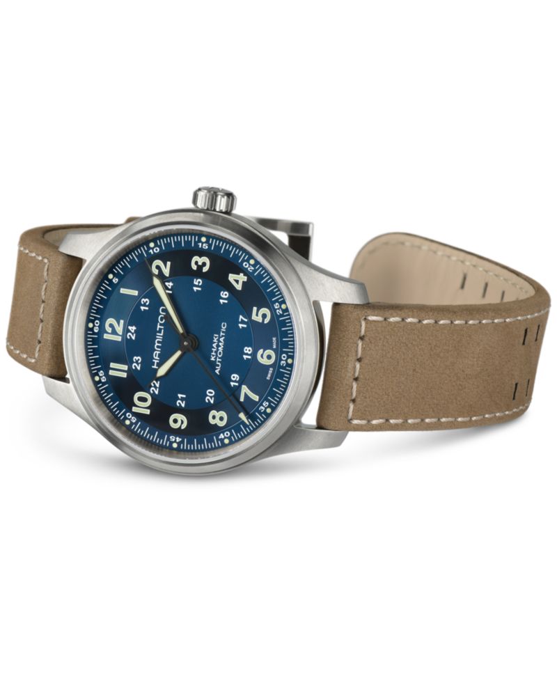 Men's Swiss Automatic Khaki Field Brown Leather Strap Watch 42mm
