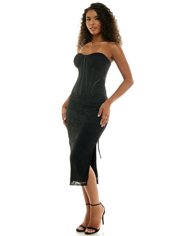 Juniors' Strapless Sweetheart Neck Lace Corset Midi Dress