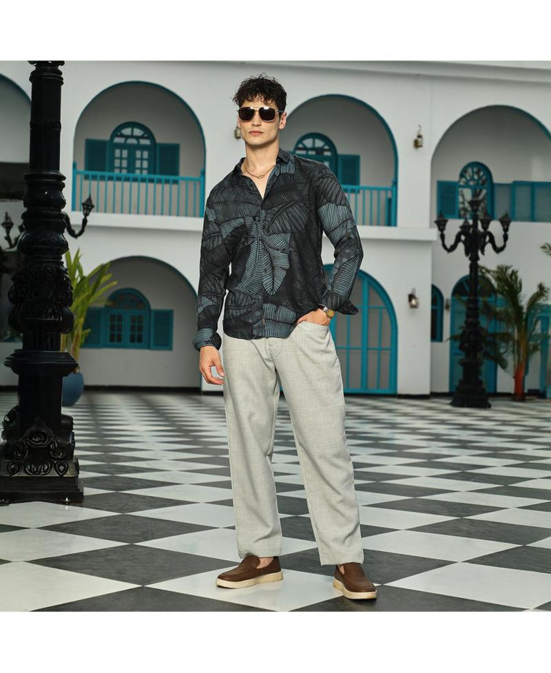 Men's Viridian Green Foliage-Outline Shirt